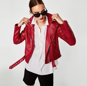 Zara Vegan Faux Red Leather Moto Jacket L